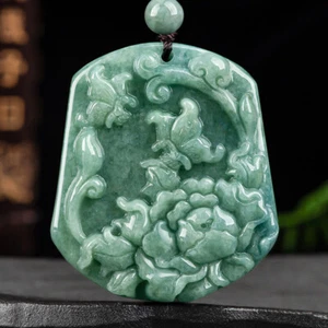 High Quality New 100% Natural Green Jade Jadeite Peony Flower Butterfly Pendant - Picture 1 of 6