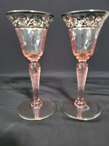 JUEGO DE 2 GAFAS CORDIALES ROSA VINTAGE CON SUPERPOSICIÓN DE PLATA DE LEY - Imagen 1 de 13