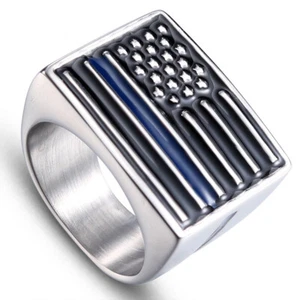Men's Vintage US Flag Ring Stainless Steel Biker Punk Ring Solid Back Size 8-13 - Picture 1 of 3