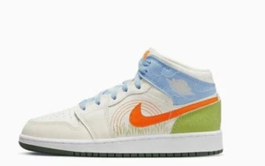 Jordan Boy's Air Jordan 1 Mid SE (Big Kid) Sail/Safety Orange/Psychic Blue NEW - Picture 1 of 12