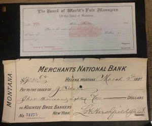 Checks - Columbia Expo Montana Managers & Board Member L. Hershfield 1888 Signed - Picture 1 of 1