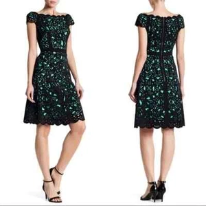 Shani Black Mint Green Laser Cut Floral Off Shoulder Fit Flare Dress Sz 6 $360 - Picture 1 of 2