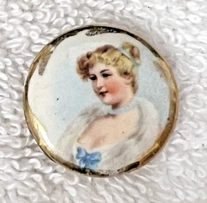Victorian Hand Painted Beautiful Woman Blue Bow & Bust 1" She is a Lovely Button - Picture 1 of 4