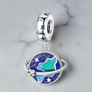 Stars Blue Earth Orbit Space Planet Charm 925 Sterling Silver Charm - Picture 1 of 1