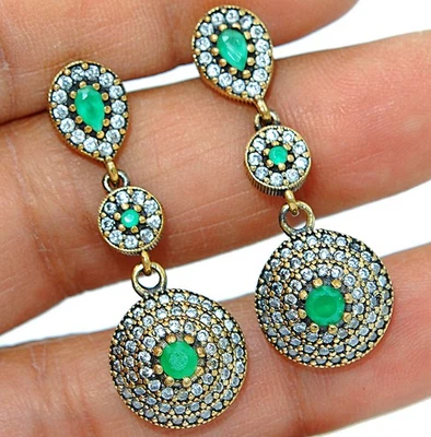 Ottoman Empire Style 6CT Treated Emerald 925 Sterling Silver Earrings S3-2 - Image 1 of 2