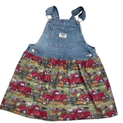 OshKosh B'gosh Girls Denim Overalls Dress Red Truck Pumpkin Fall Outfit 4T - Image 1 of 4