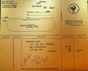 Factura de intercambio Pathe 14 de septiembre de 1920 Daredevil Jack - Imagen 1 de 1