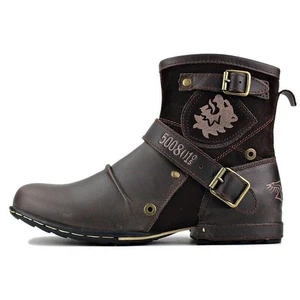 Neu Herren Bequem Motorrad Cowboystiefel Männer Arbeit Rund Zehenriemen Biker Stiefel - Bild 1 von 20
