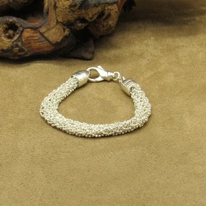 Stunning Sterling Silver Diamond-Cut Beaded Woven Rope Chain Bracelet - Picture 1 of 5