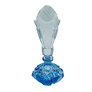 Art Deco 1930s Czech Blue Cut Glass Frosted Crystal ROSE Perfume Bottle - Picture 1 of 17