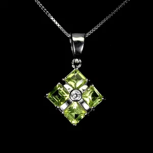 925 Sterling Silver Necklace Square Peridot 4mm Natural Gemstone Jewelry 18 Inch - Picture 1 of 14