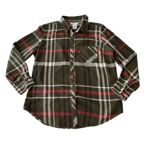 Damen K Jordan XL kariertes Flanell Button Down Hemd 100% Baumwolle oliv - Bild 1 von 3