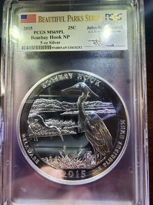 2015 5oz Beautiful Park Series PCGS MS69PL BOMBAY HOOK NP - Mercanti Signed - Image 1 of 4
