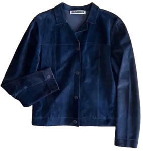 Rare Good Condition Jil Sander Leather Jacket Ladies Navy 40 Length 53.5cm - Picture 1 of 10