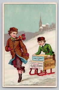 Two Boys w/ Sled Gilbert Graves Gloss Starch Laundry Starch Victorian Trade Card - Bild 1 von 2