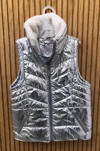 JouJou Silver Puffer Full Zip Faux Fur Collar Pockets Vest Jacket Girl's M - Picture 1 of 6