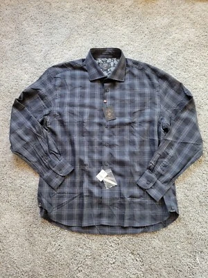 $175 Novo Joseph Abboud Masculino Sob Medida 2XL Cinza Escuro Xadrez Camisa Casual Punho Flip - Imagem 1 de 4