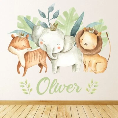 Custom Name Safari Animals Nursery Wall Sticker Personalised Kids Room  WS-51220 - Image 1 of 4