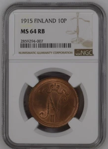 Russian Finland 1915 10 Pennia NGC MS64 RB Copper! High Grade! Only 1 better! - Picture 1 of 2