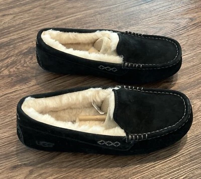 UGG ANSLEY BLACK SLIP ON MOCCASINS SHOES SLIPPERS Read More For Size Details - Image 1 of 4