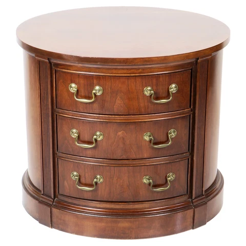 Thomasville Banded Inlaid Cherry Oval 3 drawer Vintage Accent End Lamp Table Cover