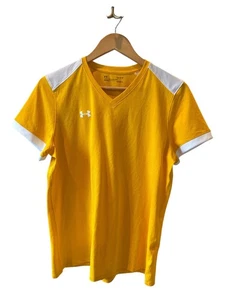 Under Armour Womens Yellow& White Fitted Tee Heat Gear Large Soccer Activewear - Picture 1 of 4