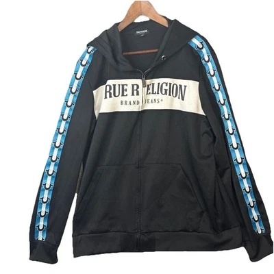Moletom com capuz True Religion masculino 2XL com zíper e logotipo nos braços preto azul marinho - Imagem 1 de 4