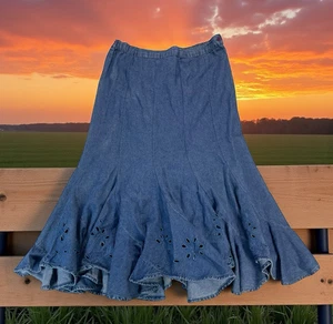 De Colección Falda Midi Denim Y2K Estilo Sirena Talla XL Acampanada Volantes Boho Cottagecore - Imagen 1 de 14