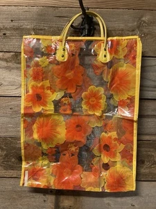 Vintage 60s 70s Shopping Tote Bag Vinyl Plastic Hippie Flower Power MCM Yellow - Picture 1 of 7