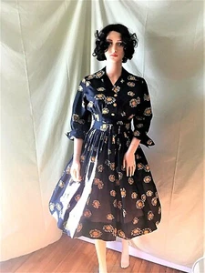 Vintage 1950s retro dress 100% SILK large floral print summer day dress MAD MEN! - Picture 1 of 7