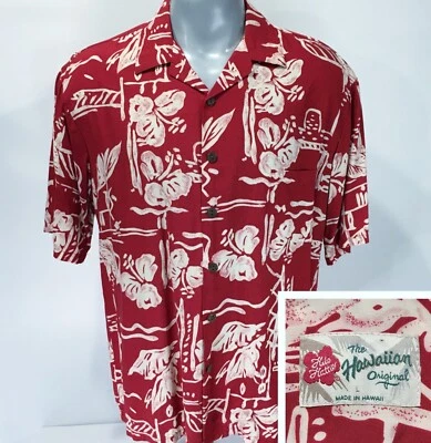 Hilo Hattie Hawaiian L Large Shirt 100% Rayon Red Floral Button Up Mens - Image 1 of 4