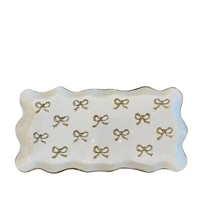 Gold Bow Enameled Rectangular Metal Serving Tray 16x7.5 Scalloped Made in India  - Image 1 of 4