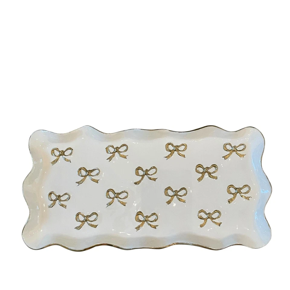 Gold Bow Enameled Rectangular Metal Serving Tray 16x7.5 Scalloped Made in India  - Image 1 of 4