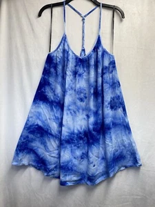 Forever 21 Linen Strappy Blouse Women Small Blue Tie-Dye Tunic Braid Back New - Picture 1 of 15