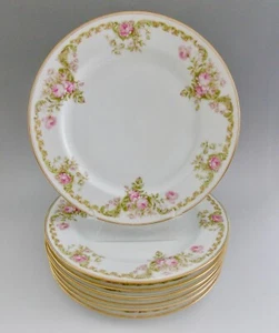 SEVEN ANTIQUE HAVILAND SCHLEIGER 488 PORCELAIN 9.5" PLATES PINK ROSES GOLD GILT - Picture 1 of 6