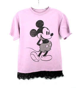 DISNEY MICKEY MOUSE Pullover T-Shirt Tee Girls 11/12 Pink Lace Hem Multi-Media - Picture 1 of 7