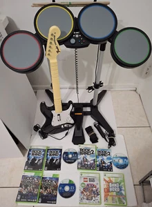Xbox 360 Rock Band 1, 2, 3, Mic, Drum Set, Guitar, 5 Games Bundle Set, TESTED - Picture 1 of 13