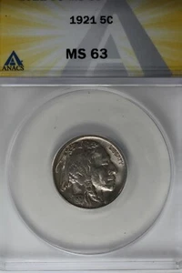 1921 .05 ANACS MS 63 Buffalo Nickel, Indian Nickel, 5 Cent Piece - Picture 1 of 2