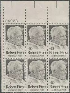 Plate Block of 6 stamps - Scott 1526 - 10 cent - Robert Frost - 1974 - MNH - Picture 1 of 1