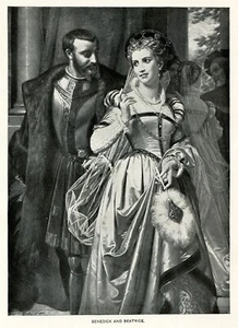 Shakespeare Characters BENEDICK and BEATRICE 1892 vintage B&W art print - Picture 1 of 3