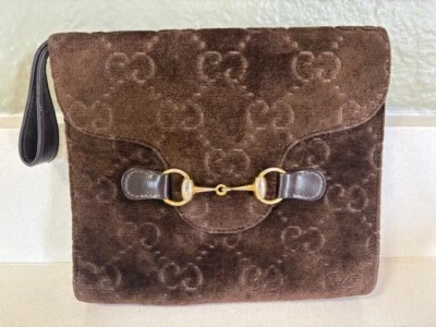 AUTÉNTICO BOLSO CLUTCH GUCCI Vintage Marrón Terciopelo Horsebit Patrón GG $1500 Foto 1 de 4
