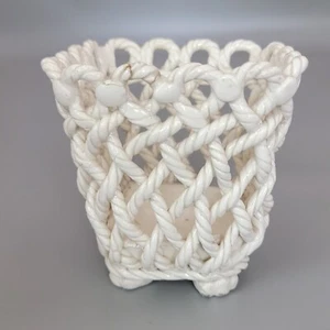 Spanish Pottery Porcelain Twisted Rope Open Weave Ivory Basket Vase 4"x 4" READ - Picture 1 of 8