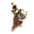 Beautiful Guardian Angel Clear/ Green/ Red Crystal Brooch In Aged Gold Tone