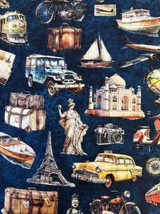 GLOBETROTTER BY QUILTING TREASURES WORLD TRAVEL ICONS ON NAVY FABRIC HALF YARD - Picture 1 of 5
