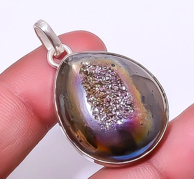 Titanium Peacock Agate Drusy 925 Sterling Silver Pendant 1.56" P7311-8 - Image 1 of 4