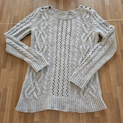 Y2k Loft Crewneck Open Cable Knit Fisherman Wool Sweater S Oatmeal Pullover - Image 1 of 4