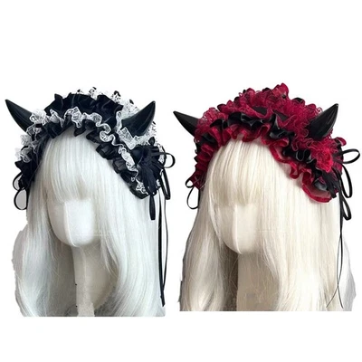 Tocado gótico Lolita encaje cuernos de diablo cosplay diademas accesorios para el cabello Foto 1 de 4