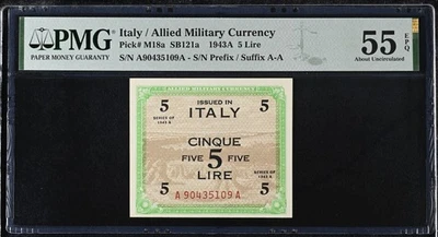 Italy 5 Lire 1943 P 18 a About UNC PMG 55 EPQ - Image 1 of 3