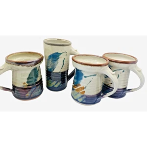Hand Thrown Studio Art Pottery Handled Coffee Mugs and Tumbler SET Of 4 - Picture 1 of 13