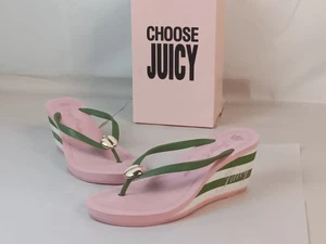 Juicy Couture Womens Wedge Flip Flops Size 9 Pink & Green With Box - Picture 1 of 19